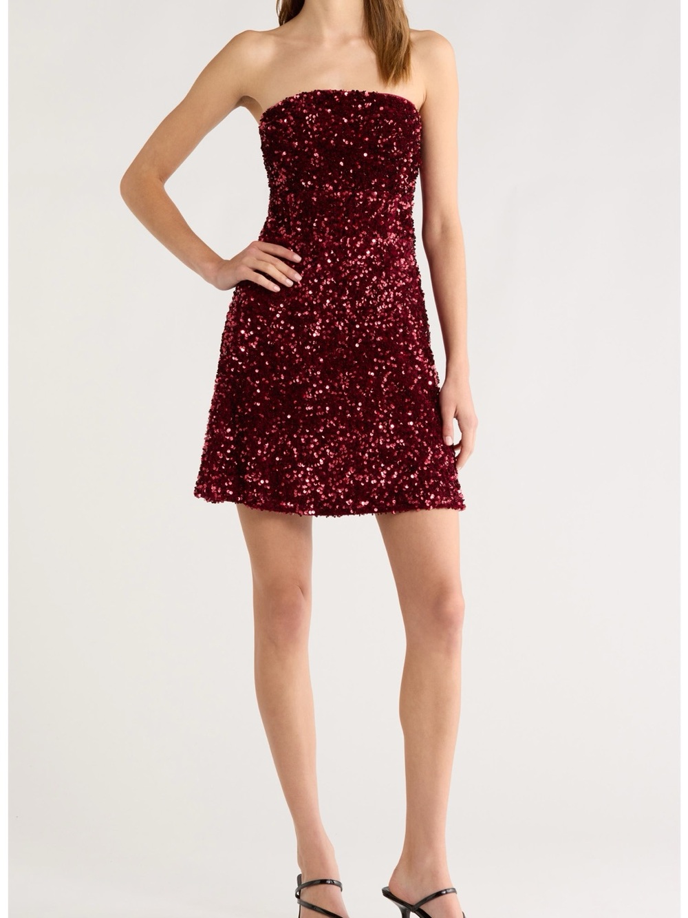 All in Favor Strapless Burgundy Sequin Mini Dress